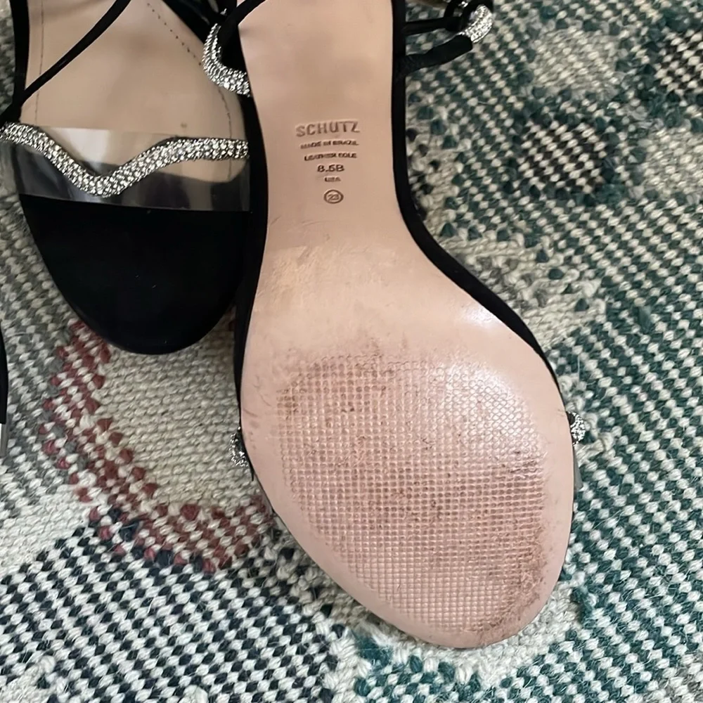 Schutz Cath Black Tie Up Rhinestone Embellished Clear Open Toe Heeled Sandals - Picture 8 of 8